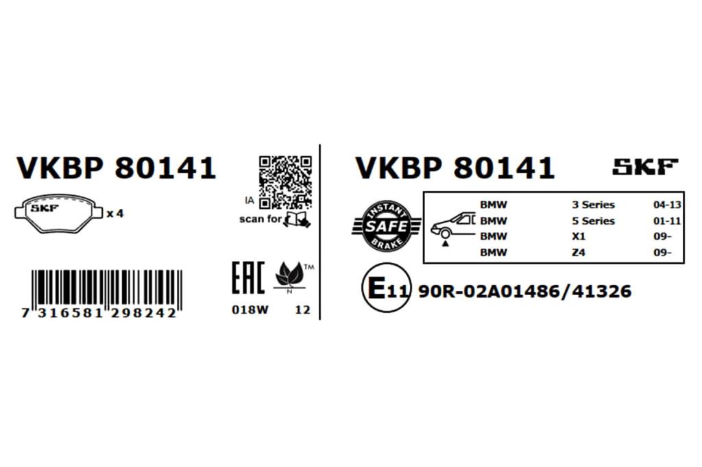 Jogo de 4 pastilhas de travão SKF ref. VKBP 80141